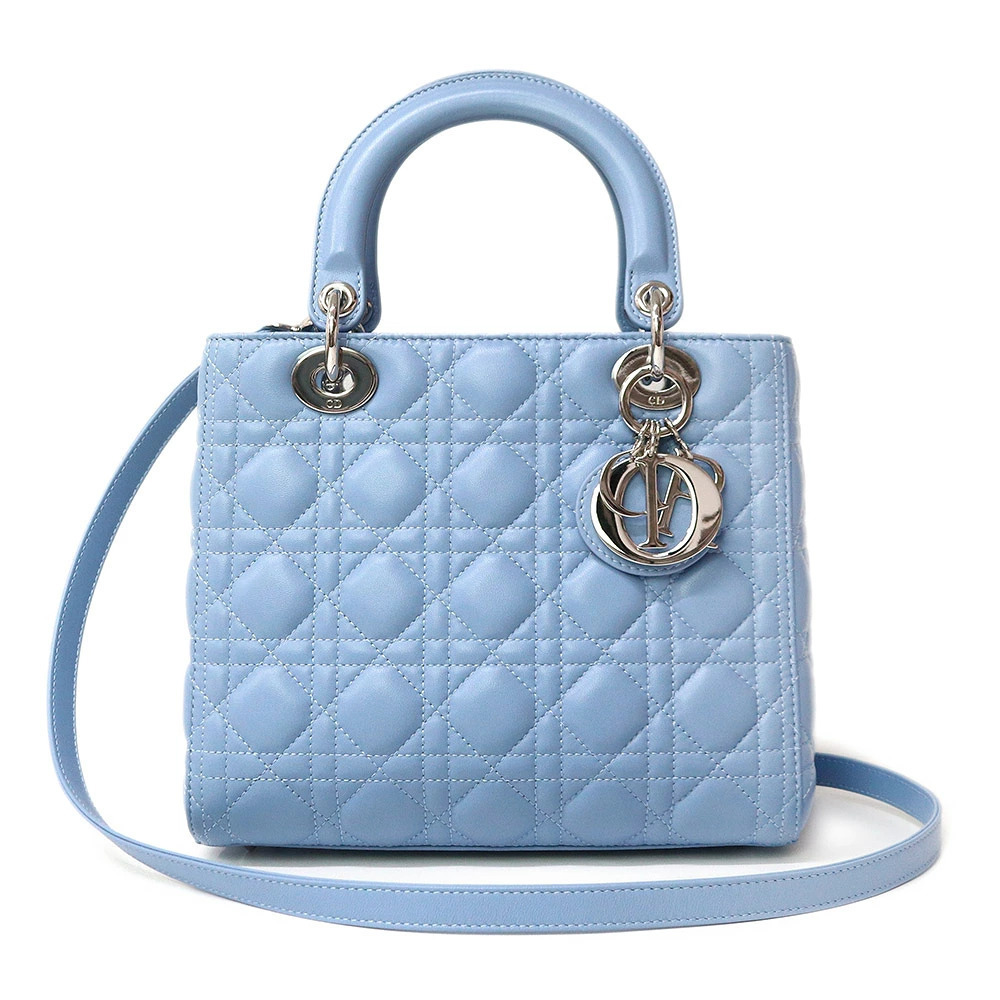 Christian Dior Lady Lambskin Blue Shoulder Handbag Leather